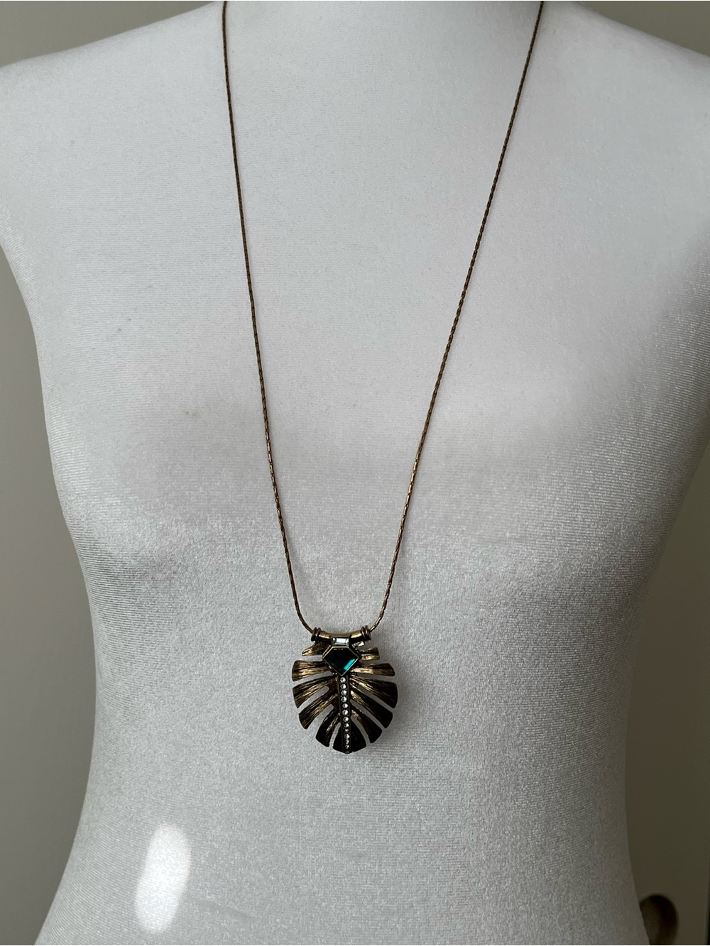 Palm Leave Pendant Brass tone Long Chain Necklace Simple 38” Layering